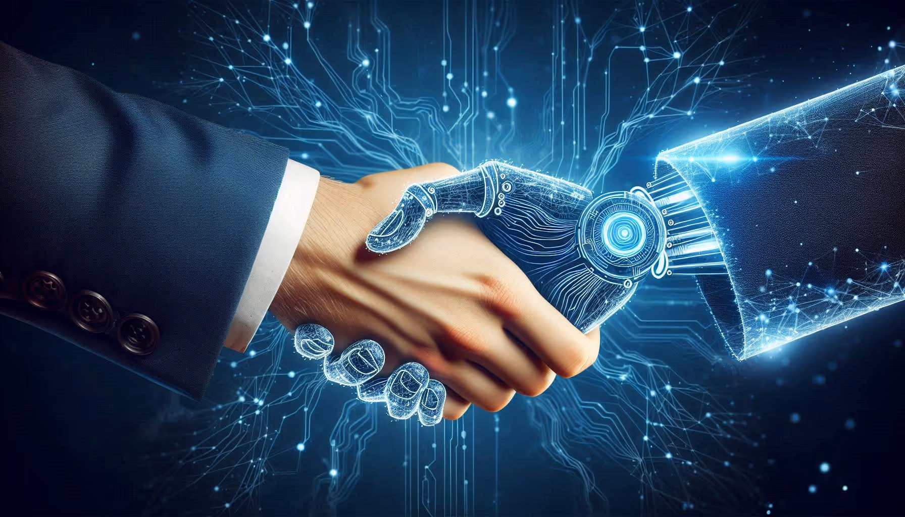 Human hand meeting a digital hand